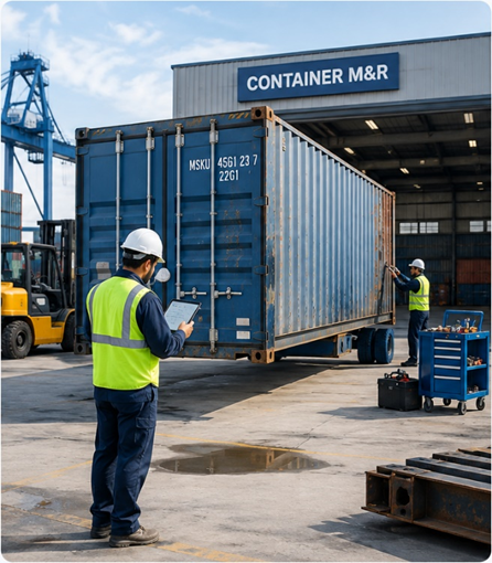 Container maintenance and repair facility with workers inspecting a shipping container, documenting damage, and preparing it for repair alongside material-handling equipment.